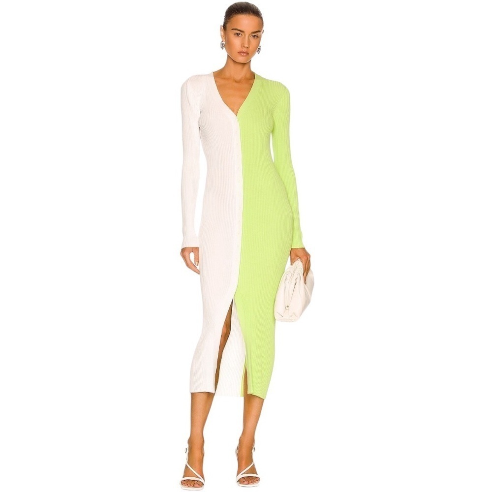 STAUD - Shoko Sweater Dress Lime White Colorblock Midi Sz M